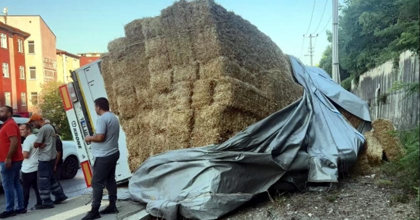 Bartın’da saman yüklü kamyon devrildi